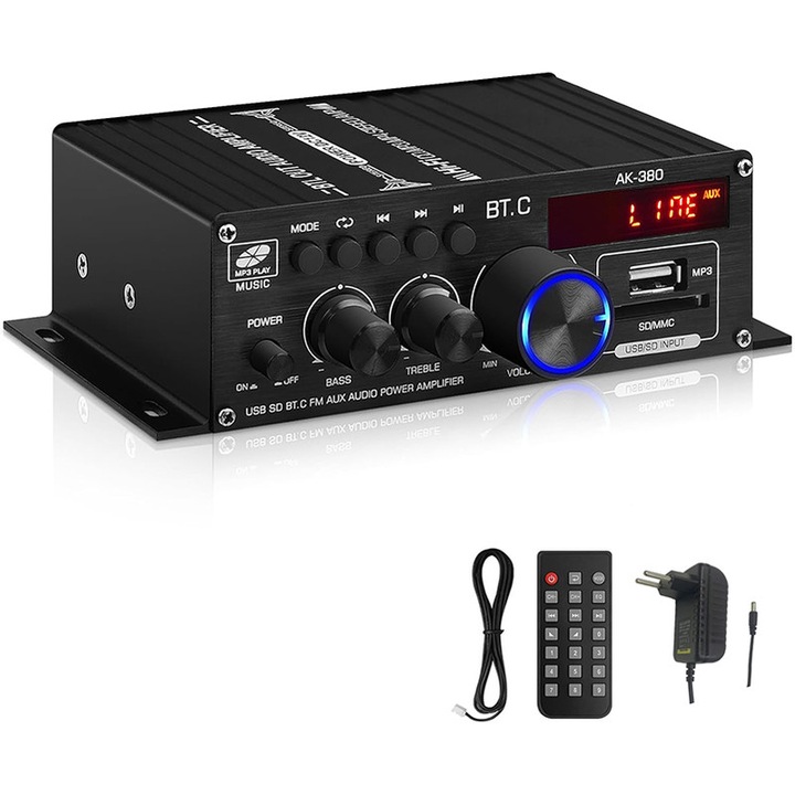Amplificator audio Rqiurpn AK-380, 2 canale, Bluetooth 5.0, negru, 12V 5A, 40Wx2 RMS
