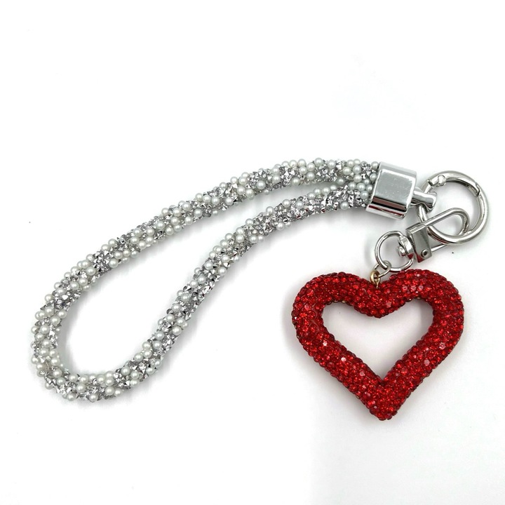 Snur telefon cu strasuri, accesoriu elegant, prindere tip breloc sau husa telefonului, model Inima Rosie, 15 cm