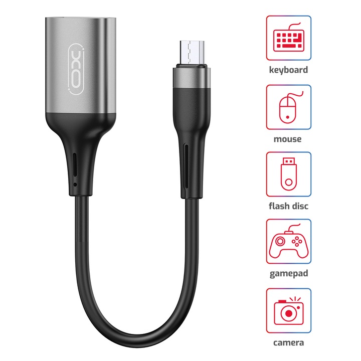 Adaptor OTG de la MicroUSB (tata) la USB (USB-A mama) 2.0, dedicat pentru Transfer Date, 480Mbp, lugime 15 cm, Plug and Play, Negru/Gri (XO-NB201)