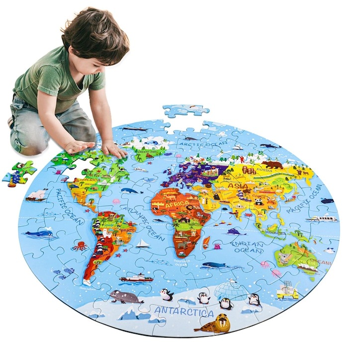 Puzzle rotund 70 piese, OVERTANG, harta a lumii, 58x58cm, din carton de calitate, educativ pentru copii 4-8 ani