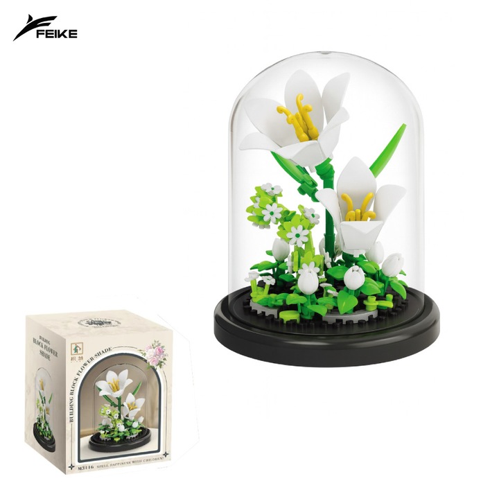 Комплект блокове за конструиране Feike Бели Лилии – 162 части, сглобяеми декоративни цветя, защитен дисплей