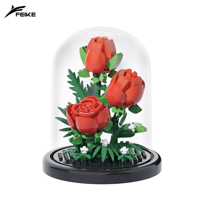 Комплект строителни блокчета Feike - Червени рози, 151 части, със защитен капак (дисплей), Творчески подарък