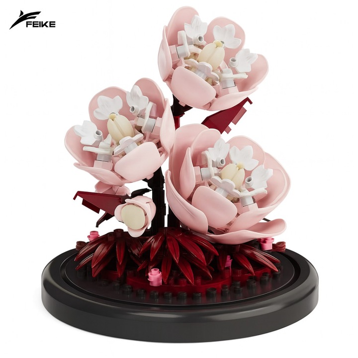 Set Blocuri Constructie Feike - Bujor Roz (Peony), 167 Piese, cu Capac Protectie (Display), Cadou Creativ