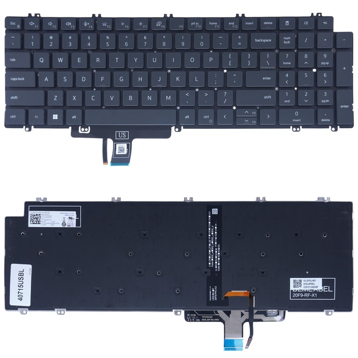 Laptop billentyűzet Dell Latitude 5520 5521 5531 5530 5540 Precision 3560 3561 3570 3571 7770 7670 7680 3581 3580 7780, keret nélkül, háttérvilágítással, fekete
