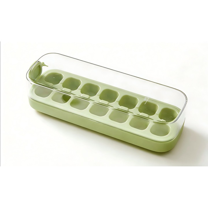 Jégkocka készítő forma, tetővel és tárolóval, zöld, műanyag