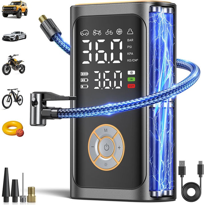 Pompa aer auto electrica portabila cu manometru digital LCD, bedee®,, reincarcare USB-C, baterie 4000mAh, 150 PSI / 10 bar, LED cu functie SOS, rapida pentru masini, biciclete, plaje si saltele – Negru