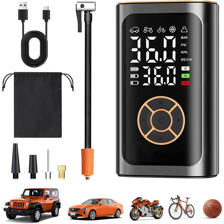 Електрическа въздушна помпа Bedee, 4000mAh, 150PSI, манометър, LED светлина, преносима