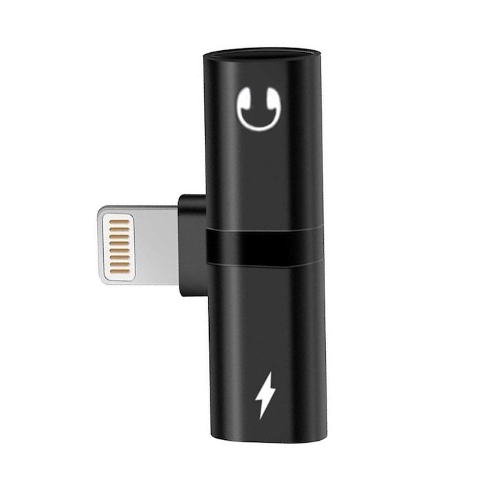 Adaptor Lightning cu 2 intrari pentru iPhone, incarcare + audio simultan, compatibil modele 7–X, compact si rezistent, negru