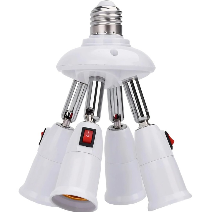 Adaptor pentru becuri LED, asskanaer, Adaptor soclu E27, Adaptor dulie bec E27 la 4xE27, 80W, Ajustabil la 360 de grade, Indoire la 180 de grade, Rezistent la temperaturi ridicate, Pentru casa si birou, PC, 15.5*7 cm, Alb
