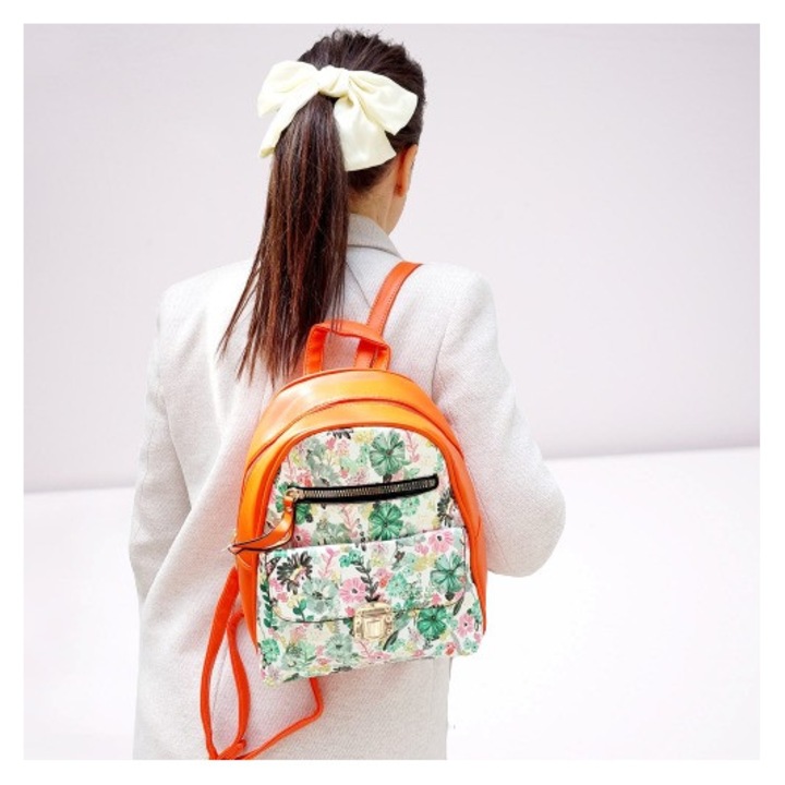 Rucsac fashion portocaliu din piele eco cu print floral ACRD264
