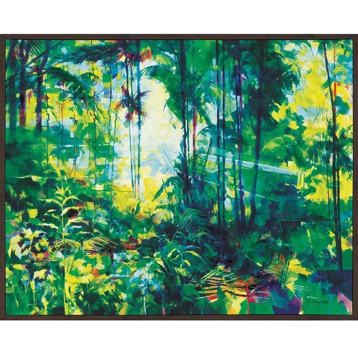 Tablou Wall Art, model peisaj tropical, panza, verde/negru, 80 x 100 cm