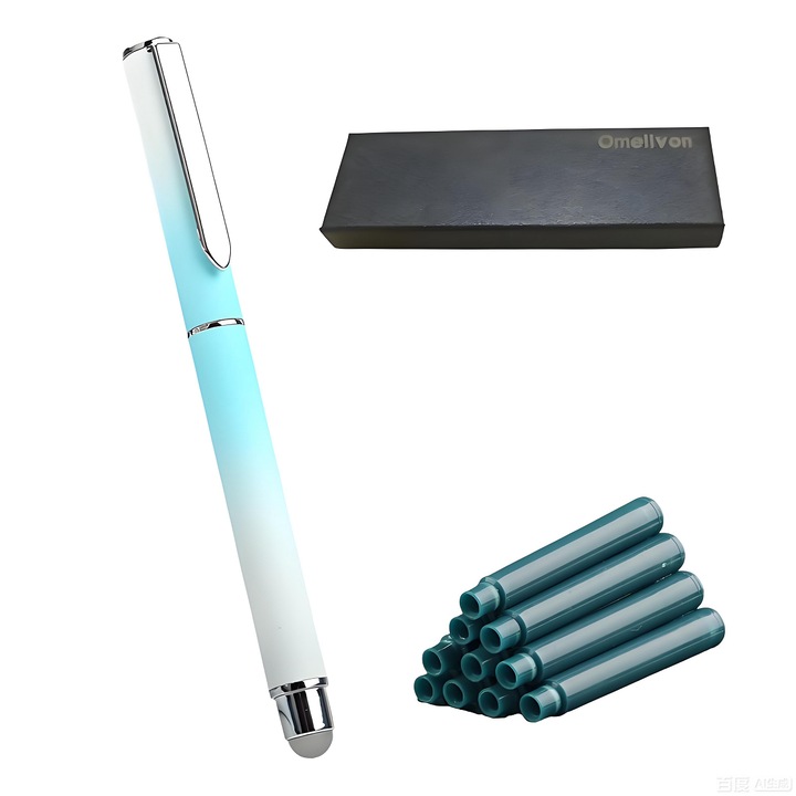 Fém toll, gumírozott test, hőérzékeny tinta, súrlódásos írás, radírozható és újraírható, rejtett hegy, fém fogantyú és klipsz, világoskék színátmenet, prémium díszdoboz, Omelivon®