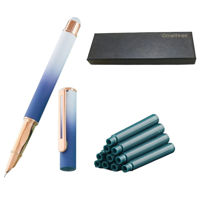 Fém toll, gumírozott test, hőérzékeny tinta, súrlódásos írás, törölhető és újraírható, rejtett hegy, fém markolat és klipsz, Sötétkék-fehér színátmenet 10 utántöltő, prémium díszdoboz, Omelivon®