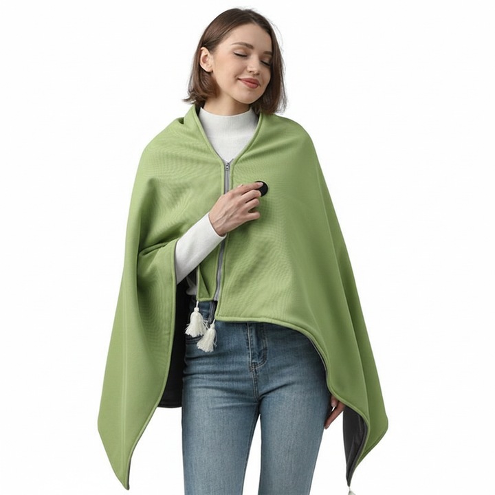 Patura Electrica USB Portabila Lavabila – Sal Termic Multifunctional cu Incalzire, 100% Bumbac A-Class, 3 Culori, 40-60°C, Power Bank Compatibil, Verde menta