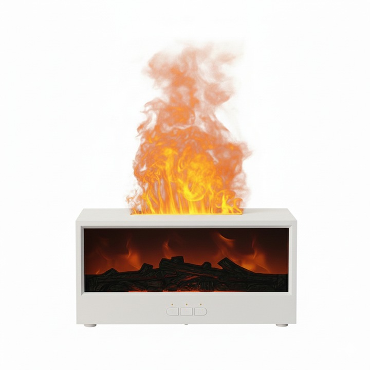 Difuzor Aromaterapie LED cu Flacara Simulata, Umidificator cu Ultrasunete, 7 Culori, Telecomanda, Timer, Alb