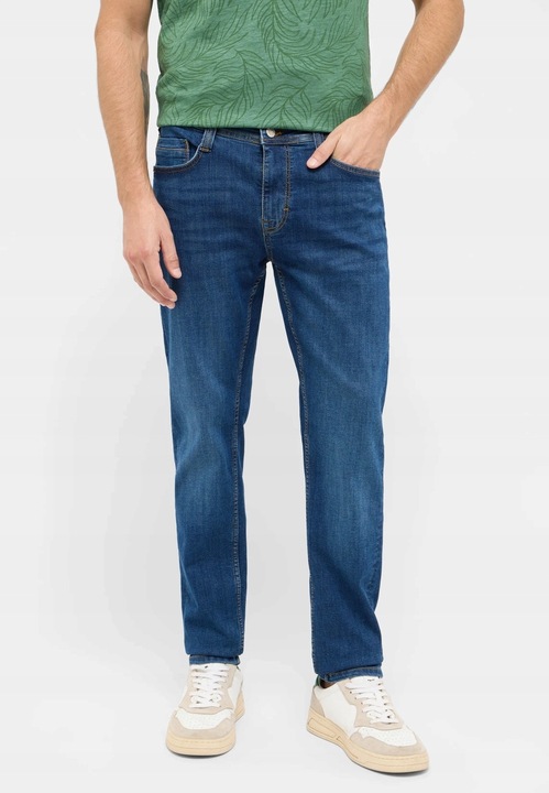 Férfi farmer, Mustang, Oregon Slim, Slim Fit, Alacsony derék, Cipzár, Hosszú, 5 zseb, Pamut, Elasztán, W32-L32 US, Kék