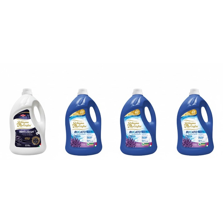 Pachet detergent lichid Schiuma di Marsiglia, 3 x Lavanda + 1 x Neri & Scuri, 4 x 5L, pentru rufe albe, colorate si negre, curatare profunda, protectia culorilor si parfum floral de lunga durata, pana la 260 spalari