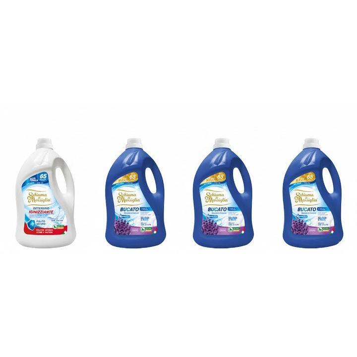 Pachet detergent lichid Schiuma di Marsiglia, 3 x Lavanda + 1 x Igienizant, 4 x 5L, pentru rufe albe si colorate, curatare profunda, igienizare si parfum floral de lunga durata, pana la 260 spalari