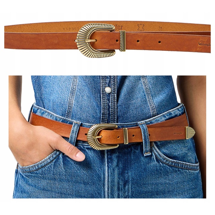 Női öv, Wrangler, Regular Fit, Ezüst csat, Klasszikus design, Kényelmes és stílusos, Valódi bőr, Tökéletes ajándék, 110 cm, Barna