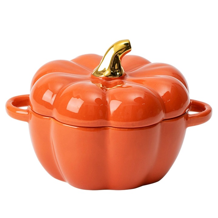 Oala Ceramica Timebox – Vas Decorativ Forma Dovleac Emailat Underglaze Cu Capac Inclus, Compatibil Microunde Pentru Incalzire Rapida, Preparare Abur Supe Orez Salate, Servire Eleganta Direct Masa, Dimensiune 14 Cm, Culoare Portocaliu