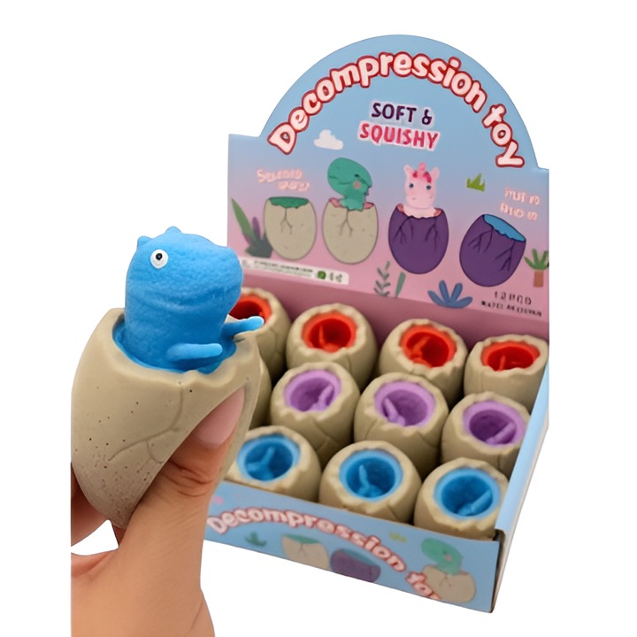 3 darab dinoszauruszos stresszoldó játék tojásban, pop-up effektus, különböző színek, piros, kék, lila, 5cm