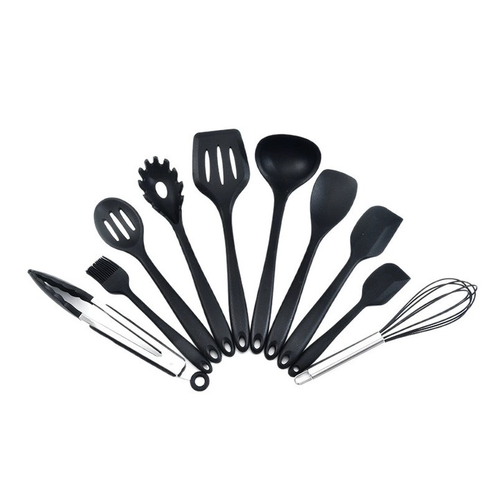 Set Ustensile de Bucătărie din Silicon DUOAMARE, 10 piese, Rezistente la Căldură, Negru