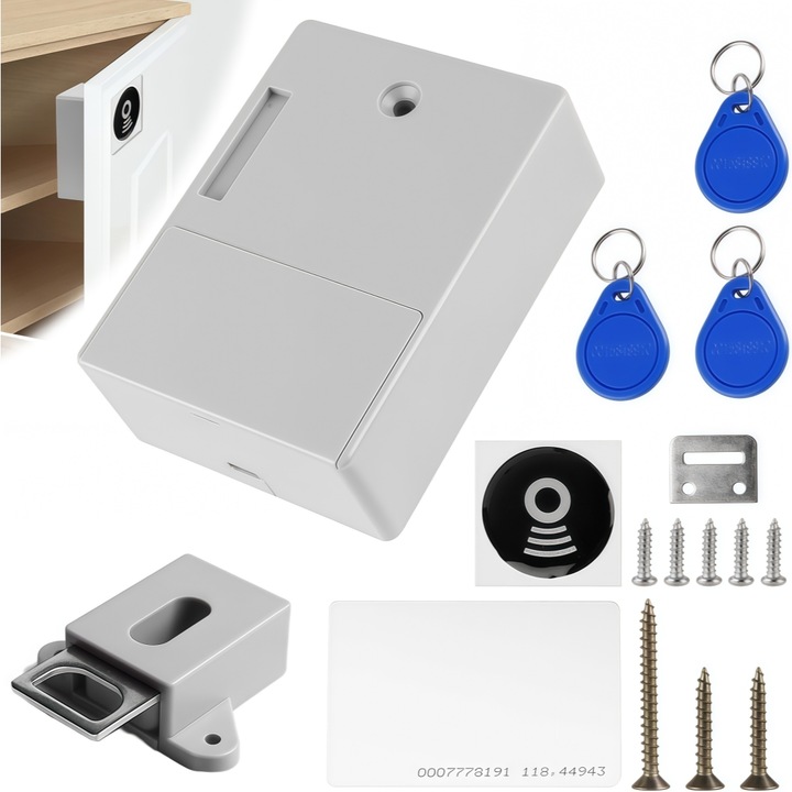 Incuietoare inteligenta ascunsa pentru dulap, XONGSOR®, Sertar, Cutie valori, Vestiare, Acasa, birouri, pentru siguranta, 3 card inclus, 3 breloc, Alb