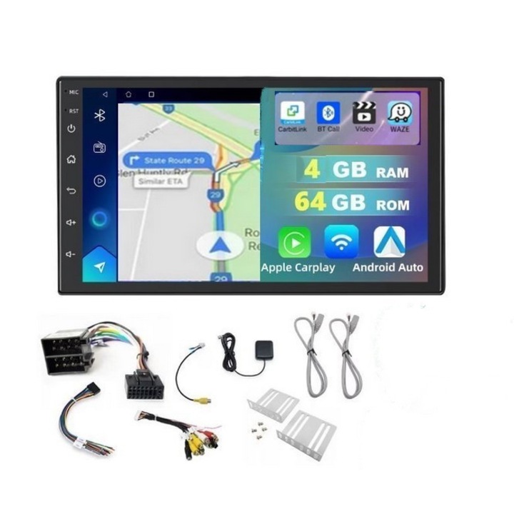 Navigatie auto universala SkyTechs® Ecran 9”, 4GB RAM, 64GB ROM Android 15 bluetooth Radio FM, compatibil cu Apple CarPlay si Android Auto GPS, Golf, Passat, Jetta, Octavia, Polo, Waze, GPS, Wifi