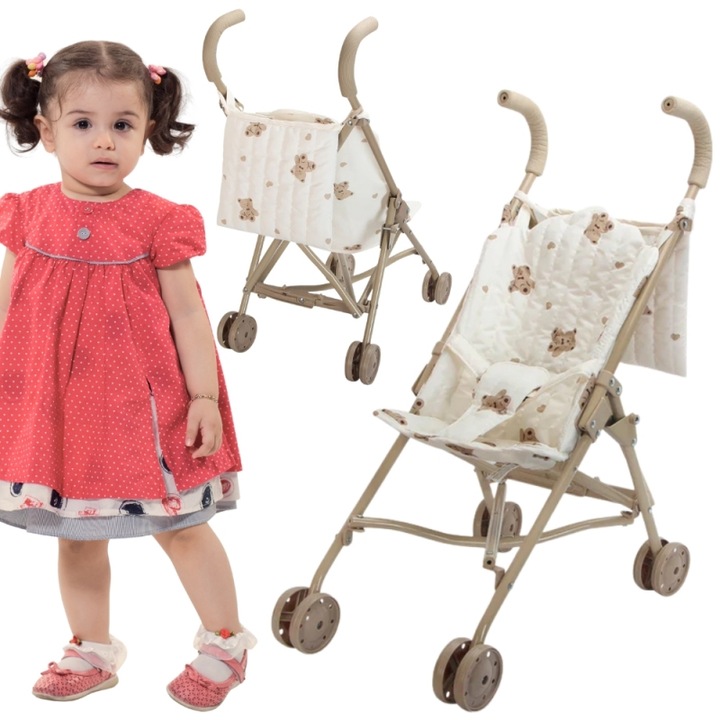 Woopie Royal babakocsi, Vintage Teddy Bear modell, könnyű konstrukció, krémszínű kárpit, 3 év+
