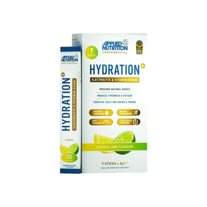 Supliment alimentar Applied Nutrition, Hydration+ Stick, electroliti, lamaie si lime, 7 x 8g