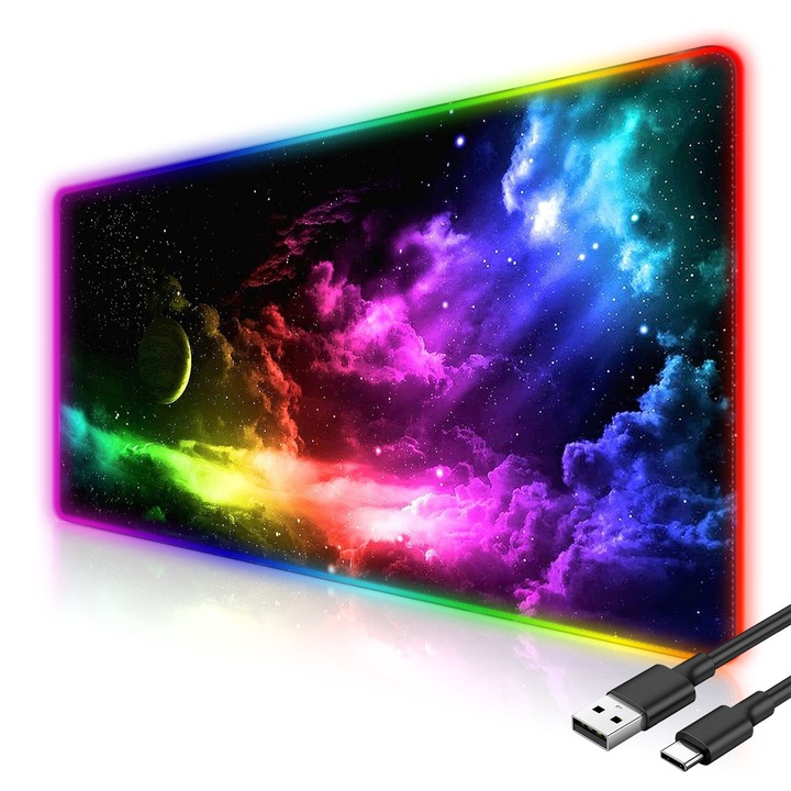 Mousepad de gaming AFKSMILE, RGB, 13 moduri de iluminare, multicolor, 40x90cm