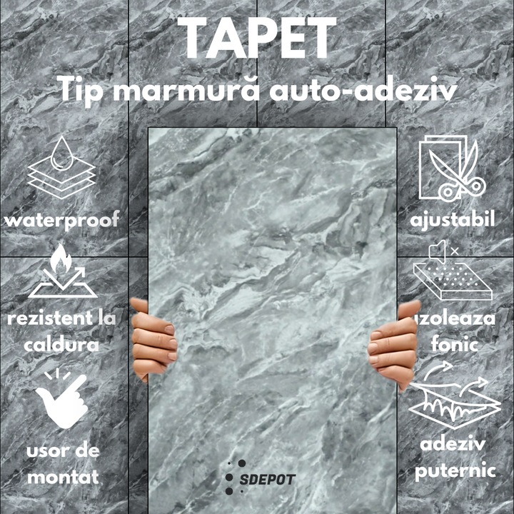 Set 40 Placi de tapet SDEPOT®, grosime 2mm, dimensiuni 30x60cm, imitatie de marmura, BR8808