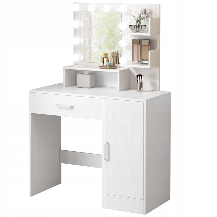 Masa de machiaj cu oglinda LED, stil modern si elegant, culoare alba