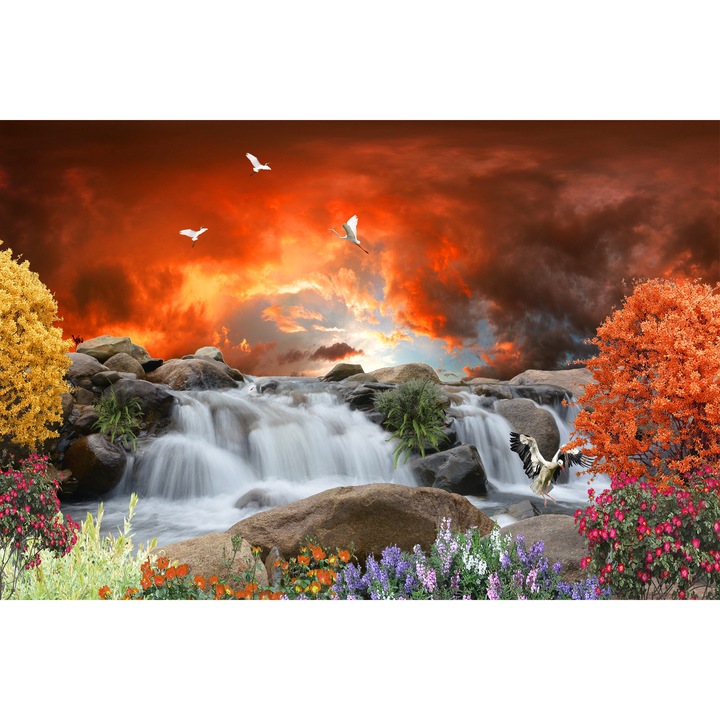 Fototapet Vlies- Cascada pe Roci cu Flori si Pasari, Cer Dramatic de Apus, 280x400cm, Living, Dormitor, Eco friendly