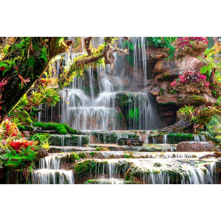 Fototapet Vlies- Cascada Tropicala pe Terase de Piatra, Vegetatie Exotica, 280x400cm, Living, Dormitor, Eco friendly