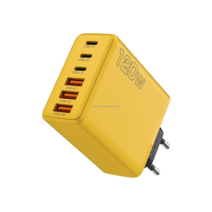 ABYZ 120W gyors töltő 6 USB porttal, USB-C és USB-A, QC 3.0, PD 3.0, 5V 3A, univerzális telefon és laptop adapter, sárga