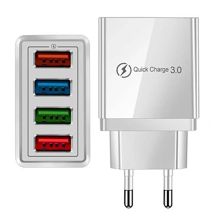 ABYZ 20W kompakt telefon töltő 4 USB porttal, QC 3.0 + PD, gyors töltés okostelefonhoz, táblagéphez és mobil kiegészítőkhöz, fehér