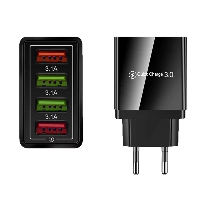 ABYZ 20W kompakt telefontöltő 4 USB porttal, QC 3.0 + PD, gyors töltés okostelefonhoz, táblagéphez és mobil kiegészítőkhöz, fekete
