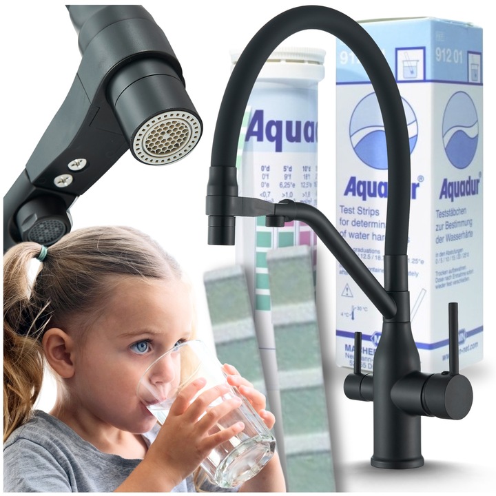 Baterie bucatarie 3 cai MAGNETO negru mat cu pipa flexibila si apa filtrata