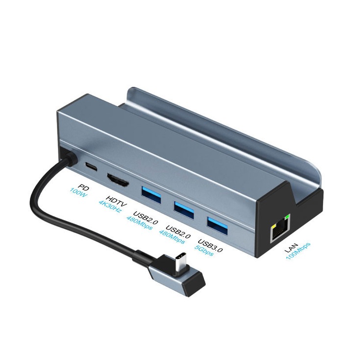 Statie de andocare USB C 6-in-1, 4K30Hz, 100Mbps RJ45, 1x USB 3.0, 2x USB 2.0, incarcare PD 100W, suport din aluminiu