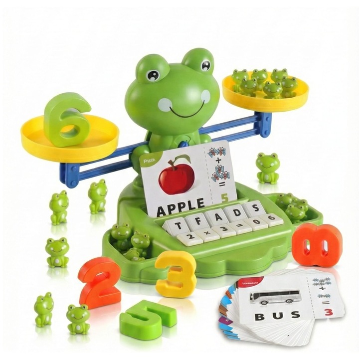 Joc Educativ Montessori Auraliv® Frog Balance – Editia Deluxe Balanta Matematica cu 96 piese, Invatare Prin Joaca – Litere, Numere, Carduri, Broscute