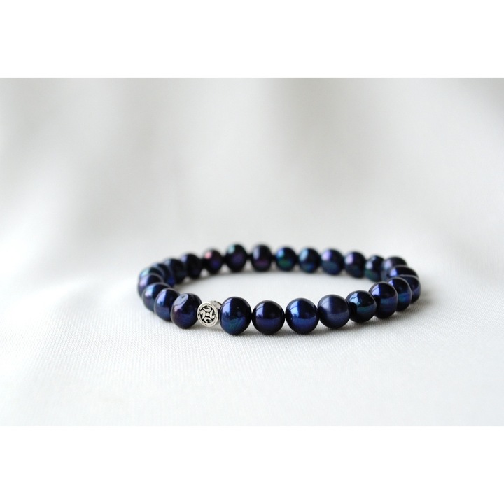 Bratara Barbati din Perle Reale, Culoare Albastra cu Cruce din Argint, Marime universala