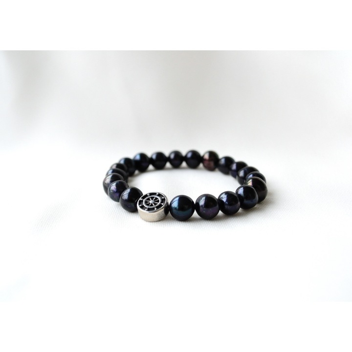 Bratara Barbati din Perle Reale, Culoare Neagra cu Argint, Marime universala