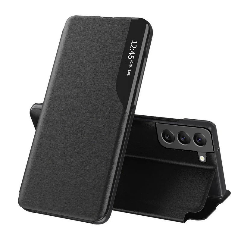 Husa pentru Samsung Galaxy S22 5G, SKYDDAR INNOVATION, eFold, tip carte, set cu sticker, Negru