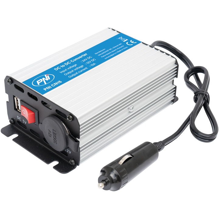 Convertor de tensiune PNI CN15 180W, 24V-12V, 15A, USB 2.0, protectie scurtcircuit iesire