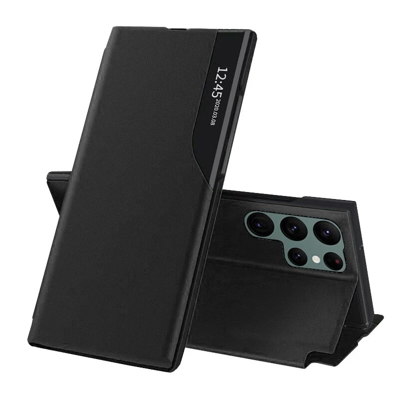 Husa pentru Samsung Galaxy S22 Ultra 5G, SKYDDAR INNOVATION, eFold, tip carte, set cu sticker, Negru