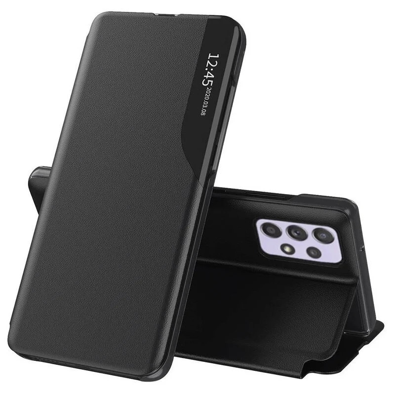 Husa pentru Samsung Galaxy A32 5G, SKYDDAR INNOVATION, eFold, tip carte, set cu sticker, Negru