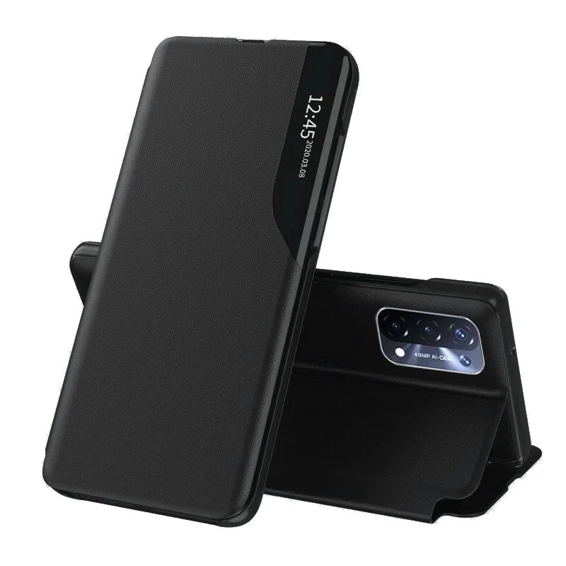 Husa pentru Oppo A54 5G / A74 5G / OnePlus Nord N200 5G, SKYDDAR INNOVATION, eFold, tip carte, set cu sticker, Negru