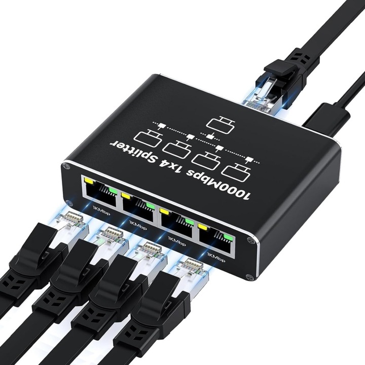 Splitter Ethernet Gigabit 1 la 4, AjieQaQ®, Adaptor RJ45, Retea Simultanica pe 4 Dispozitive, Cablu de alimentare USB, 1000Mbps, Splitter Internet pentru Cablu Cat5/5e/6/7, Compatibilitate universala