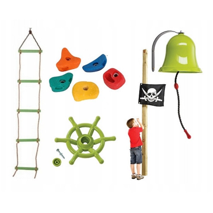 Set accesorii loc de joaca, Gigitoys, scara, lungime 180cm, 5 bare din plastic, carma de capitan din HDPE, steag pirat, clopotel, pietre de catarat, culoare lime, kit de asamblare, material poliester, diverse forme si culori de pietre, suruburi incluse